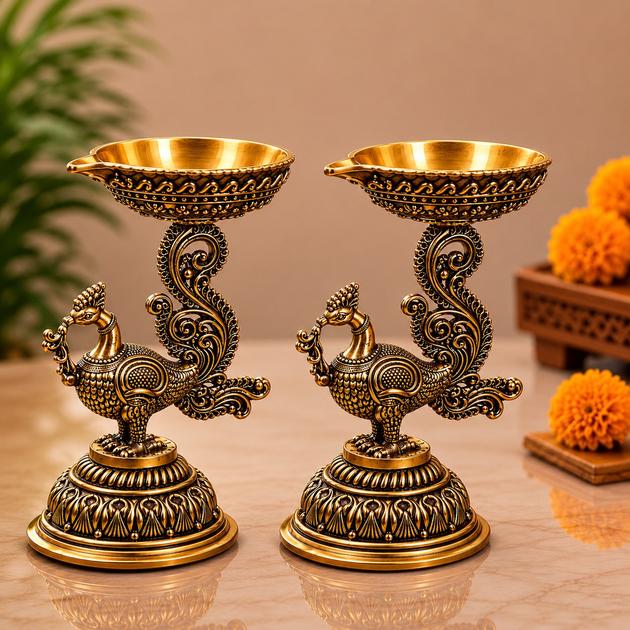 The Royal Mayura Antique Brass Jyoti Diya