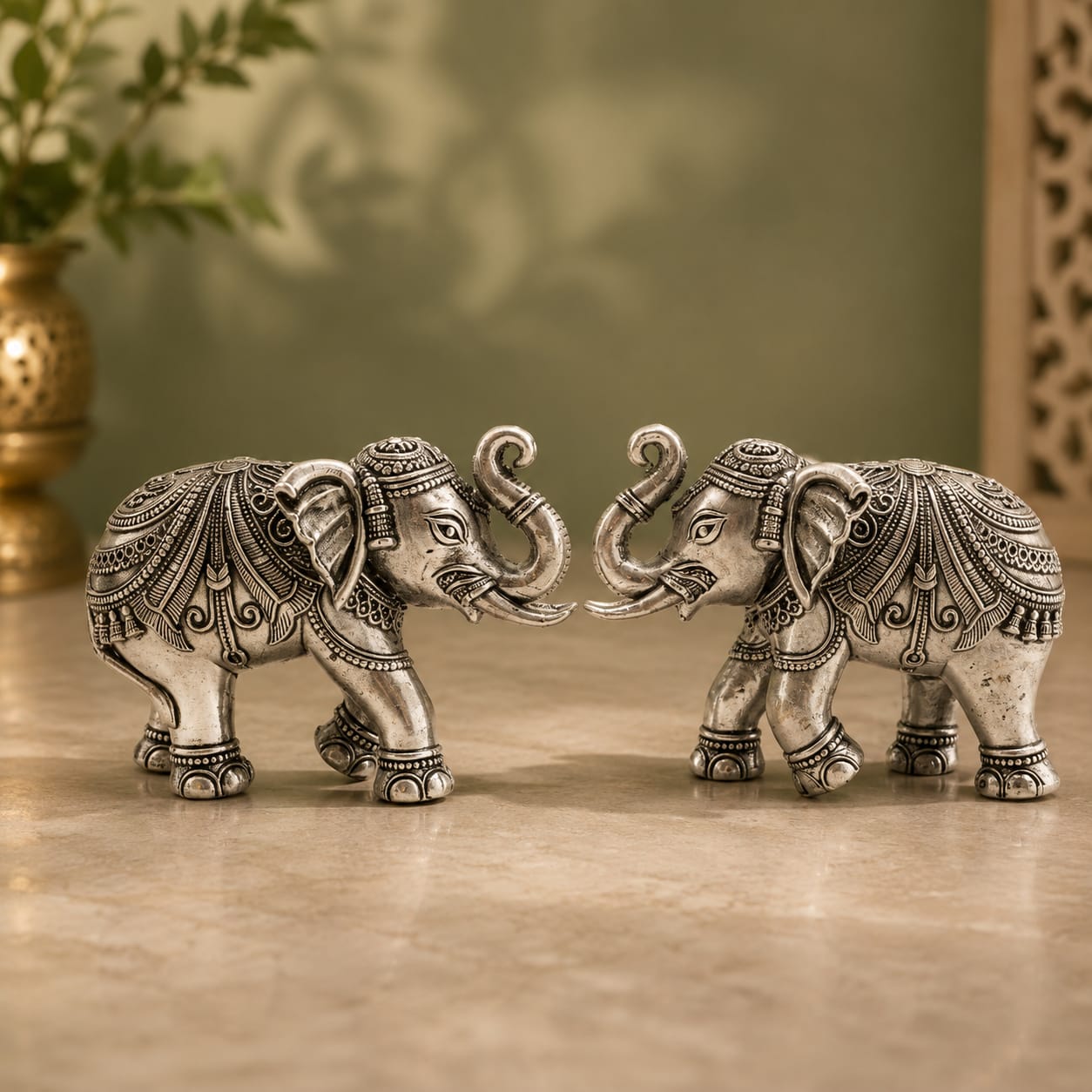 Handcrafted Silver Finish Elephant Pair Statue for Home Decor, Vastu & Feng Shui Elephant Showpiece Set for Living Room, Office & Gifting