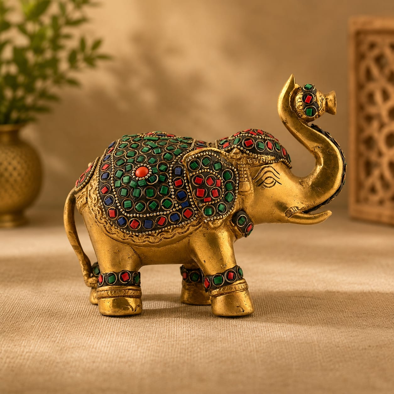 Handcrafted Brass Elephant Statue with Multicolor Stone Work | Vastu & Feng Shui Elephant for Home Décor, Office & Gift