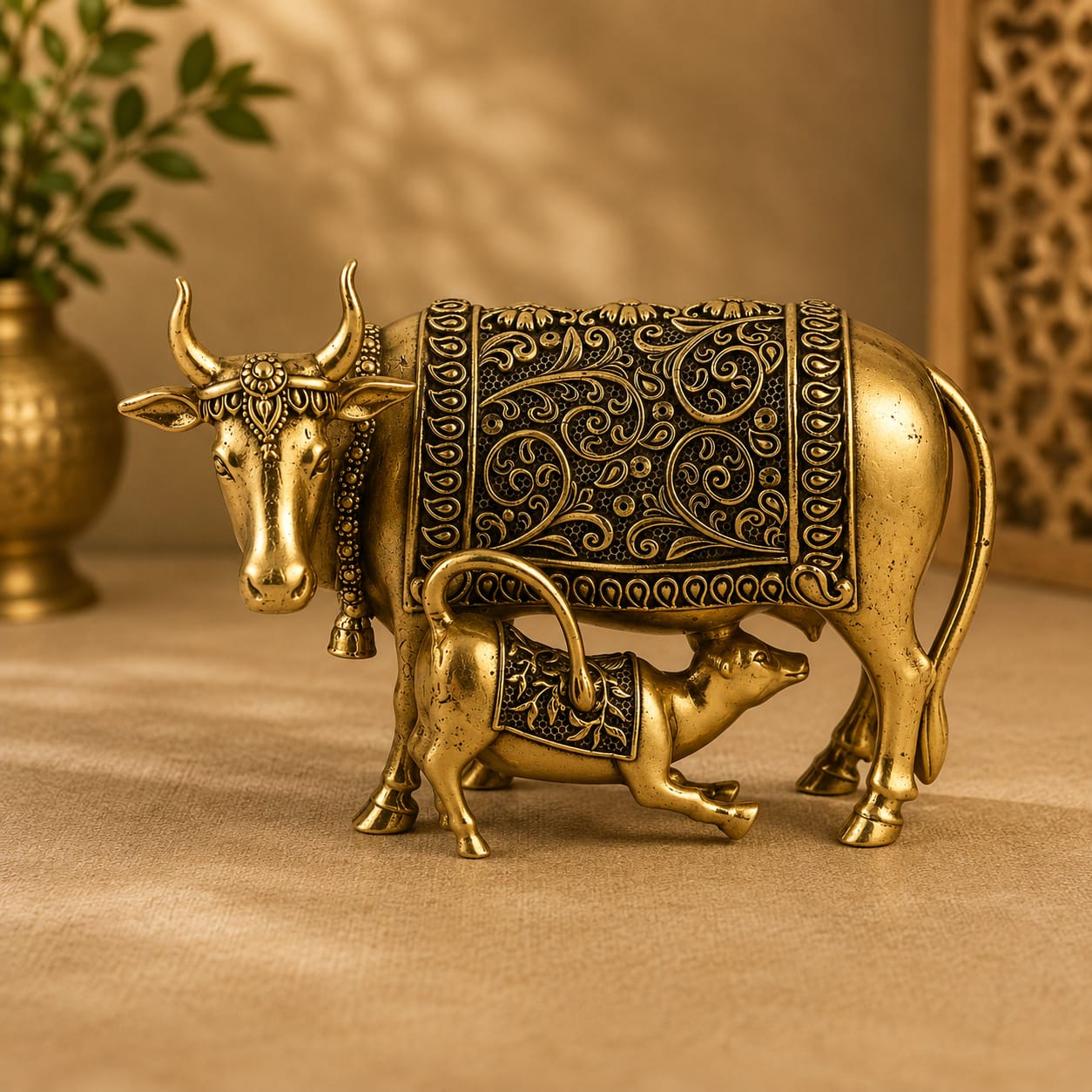 Premium Brass Kamdhenu Cow with Calf Statue | Decorative Vastu & Feng Shui Cow Idol for Home, Office & Temple Décor
