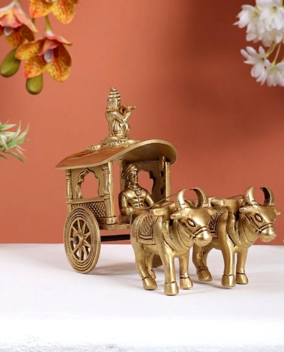 Premium Brass Krishna Bullock Cart Showpiece